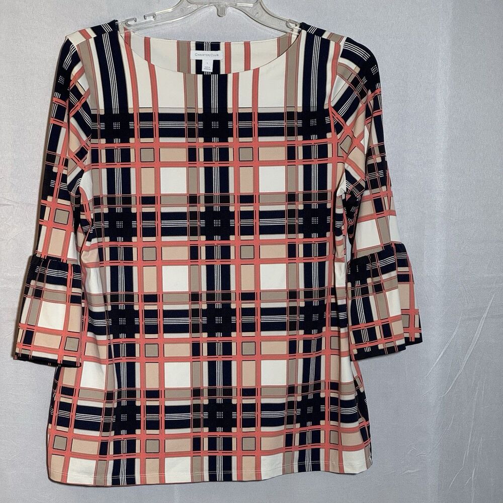 Charter Club L Plaid 3/4 Sleeve Knit Top Navy Coral Cream Career Office